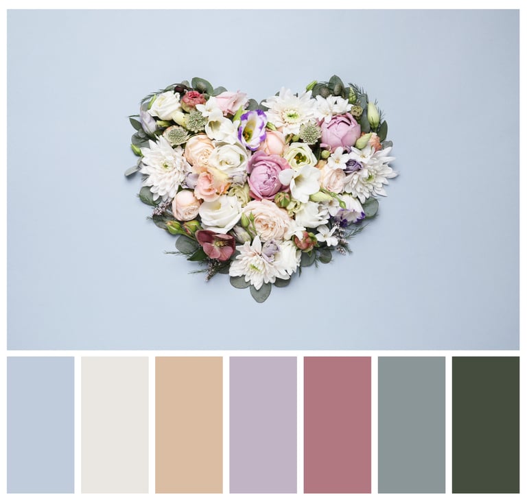 Color palette and beautiful heart made of different flowers on light blue background, flat lay collage — Wedding Palette Colour Stylist tool by Royal Wedding Cinema Tanzania
