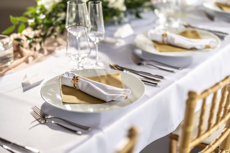 A wedding table covered with a white tablecloth, decorated with flowers, candles, glasses and gold cutlery — Guest Seating Arrangements planner