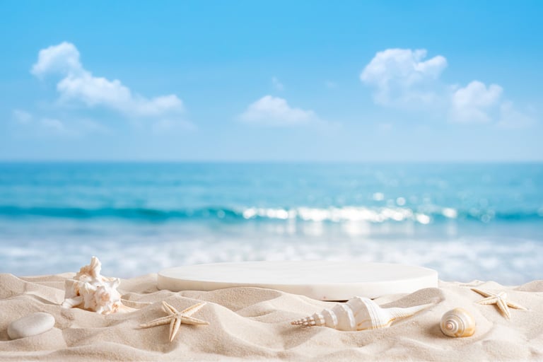 Stone podium and sea shells on a sandy tropical beach with turquoise sea background
