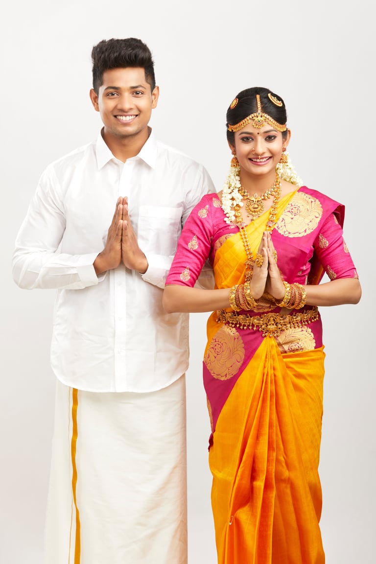 Attractive south Indian couple greeting namaste in traditional dress
