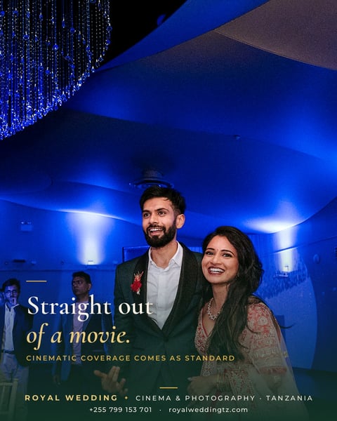Couple at elegant blue-lit venue with text Straight out of a movie and Royal Wedding Tanzania branding