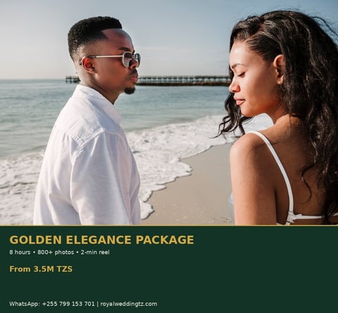 Couple standing on beach looking at each other with ocean and pier in background. Text shows Golden Elegance Package pricing.