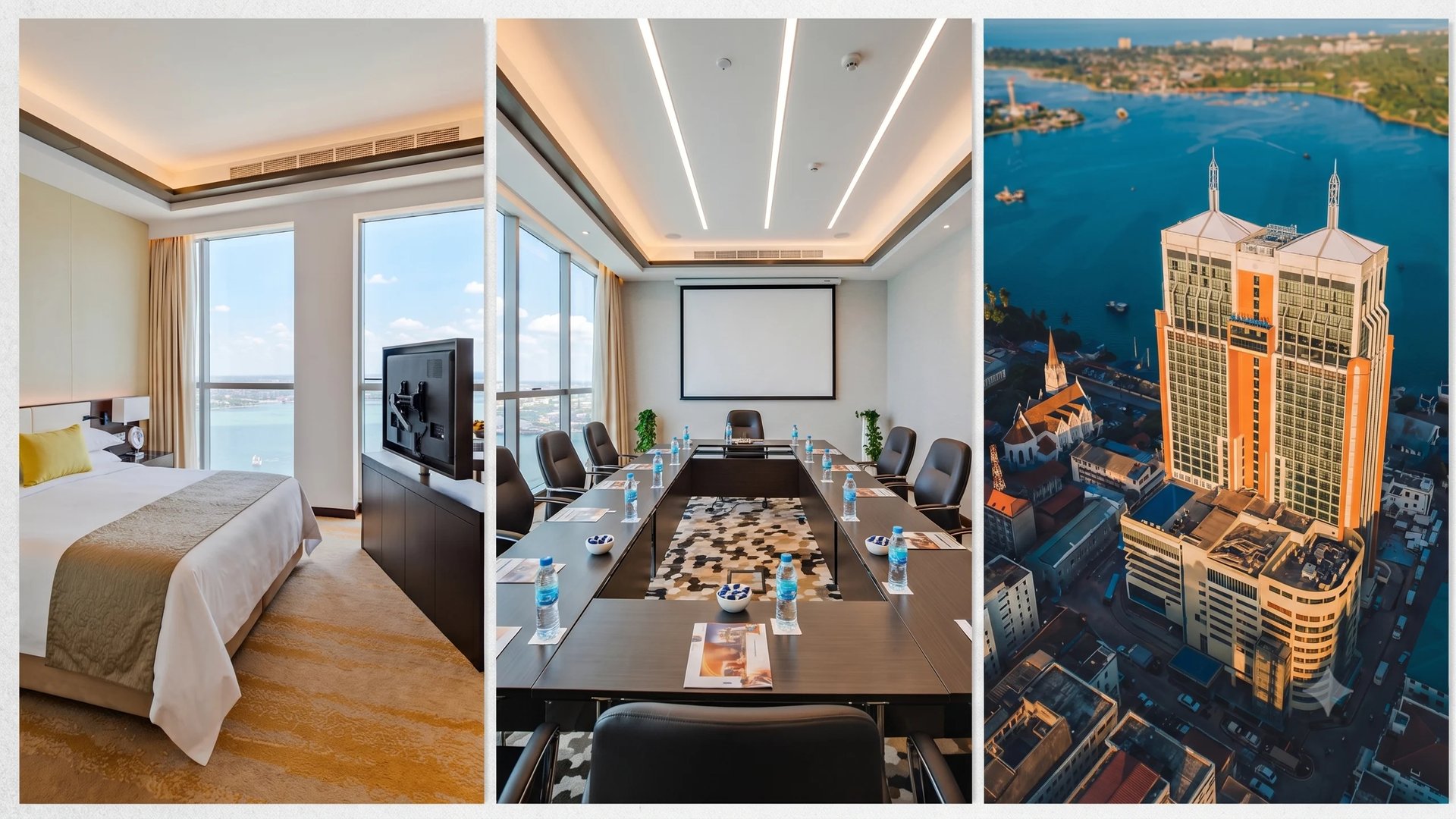 Three views of a luxury high-rise hotel: modern bedroom with ocean view, executive conference room, and aerial waterfront building perspective