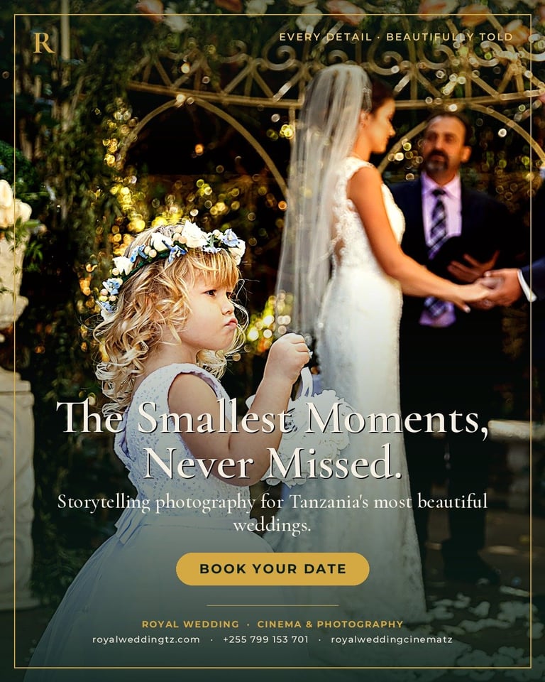 A young flower girl in white dress watches a wedding ceremony with golden arch and lights in background, wedding photography advertisement
