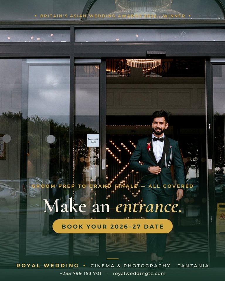 Groom in formal green suit standing at venue entrance with text promoting wedding booking services and groom prep packages
