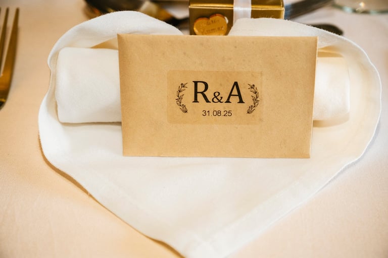 Kraft paper place card with R&A monogram and date 31.08.25 on formal dinner plate setting with white napkin and gold accents
