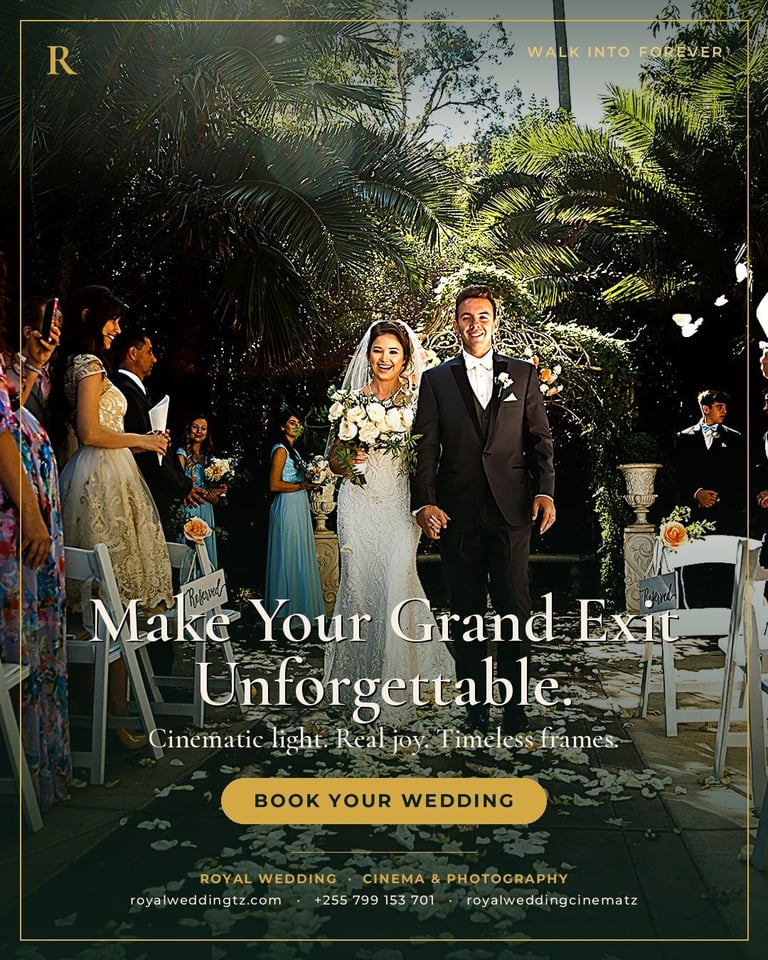 Wedding couple in formal attire exchanging vows in lush garden ceremony with guests and tropical foliage backdrop