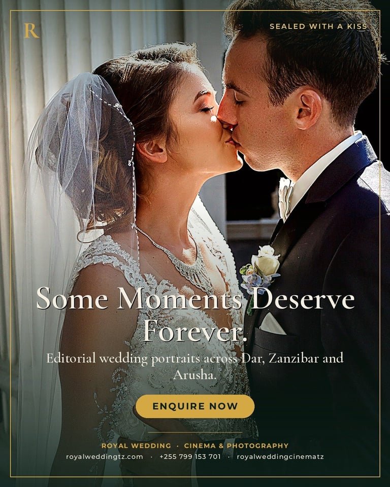 Bride and groom kissing on wedding day, with text Some Moments Deserve Forever promoting wedding photography services