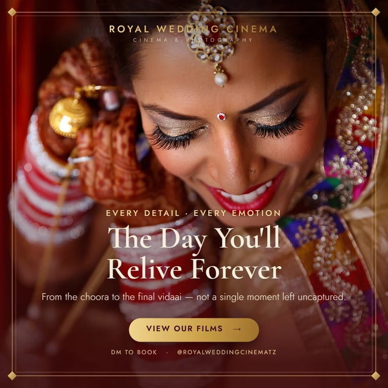 Bride in traditional Indian wedding attire with jewelry and bindi, downward gaze, ornate red and gold wedding details