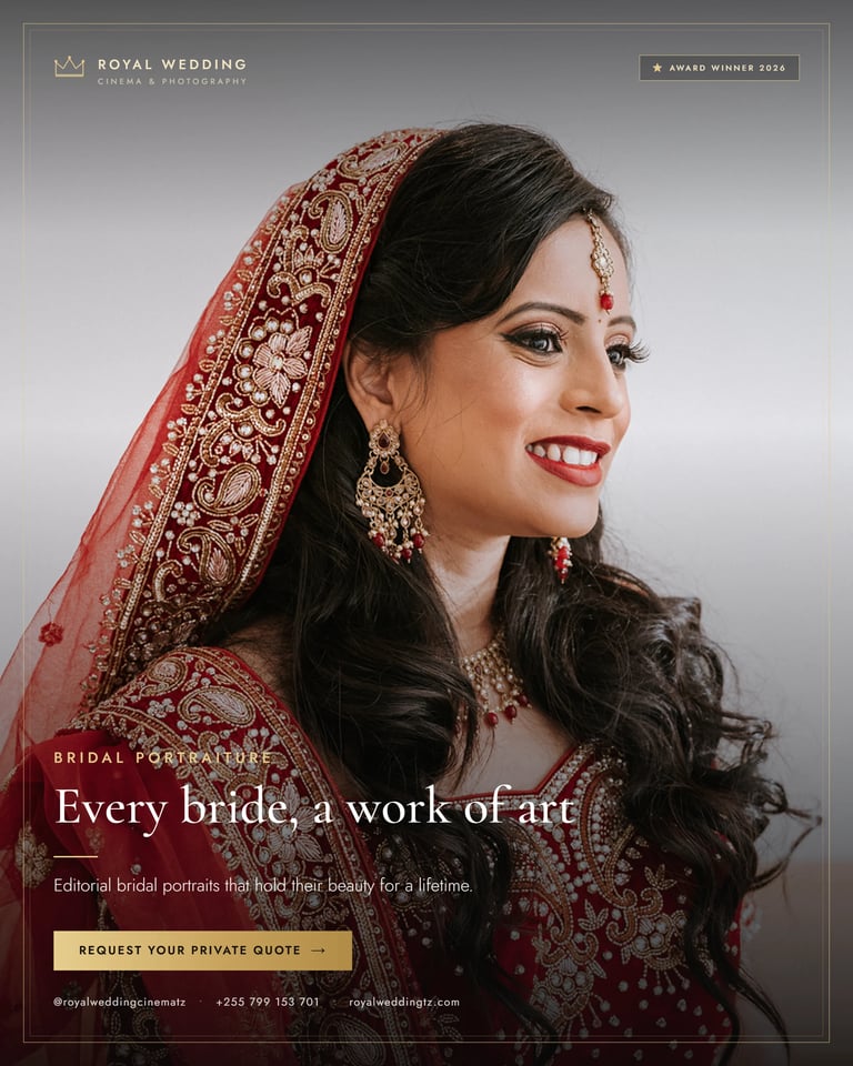 Indian bride in traditional red bridal attire with ornate dupatta and jewelry, smiling in profile portrait