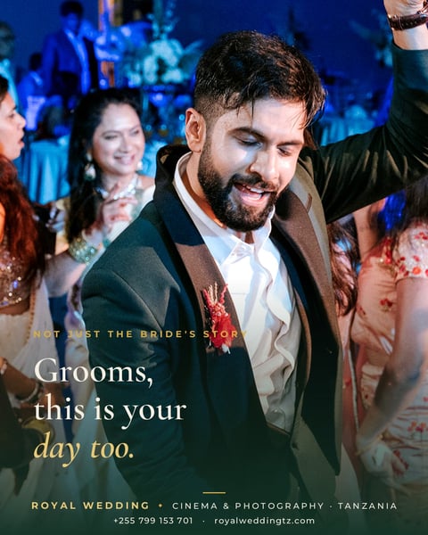 Groom in black suit and white shirt at wedding celebration with guests in blue-lit venue and text overlay about grooms special day