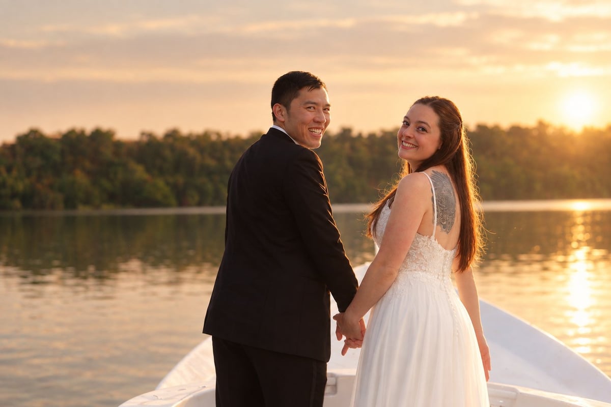 Bride and groom holding hands on a boat at sunset with a lake and forest in the background