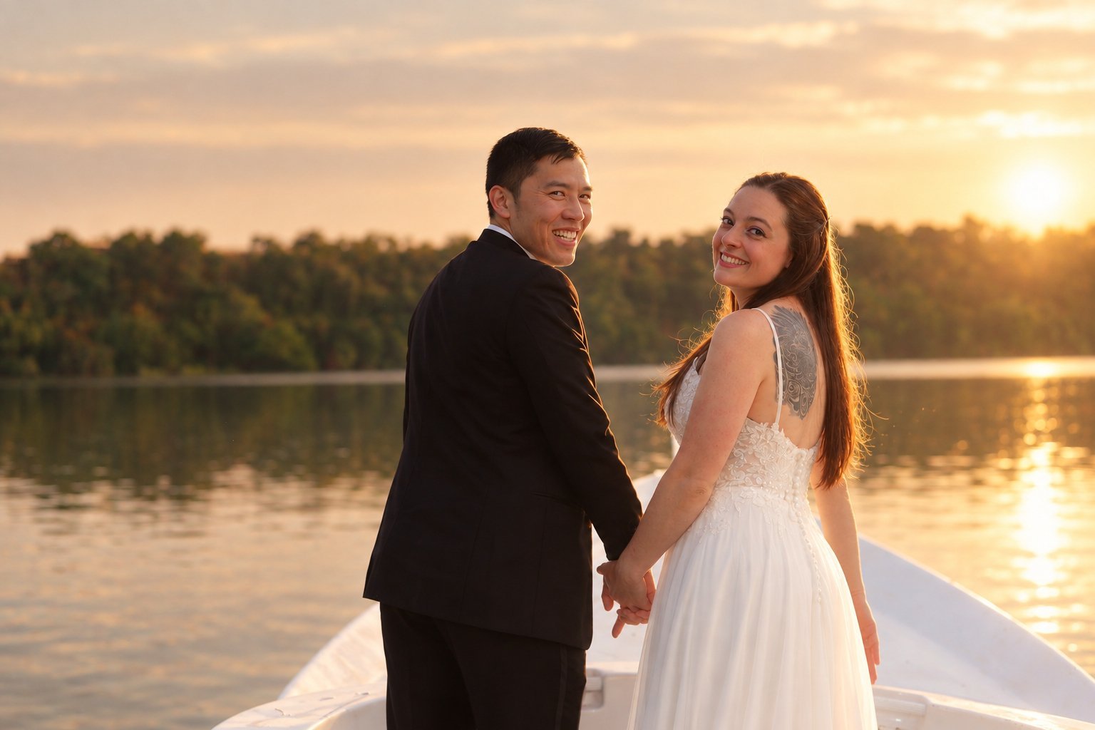 Bride and groom holding hands on a boat at sunset with a lake and forest in the background