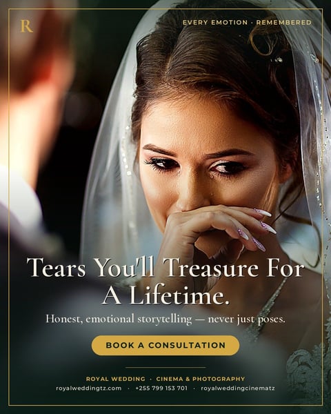 Woman in white bridal veil touching her face emotionally, promotional poster for wedding photography and cinematography services