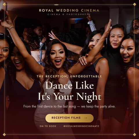 Group of women celebrating and dancing at a wedding reception, promotional poster for Royal Wedding Cinema reception films