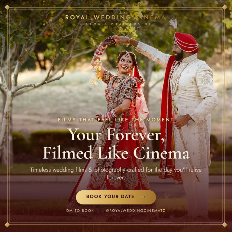 Indian bride and groom in traditional wedding attire posing under a floral arch