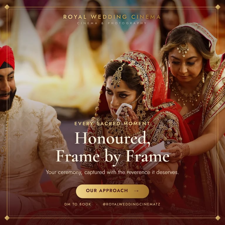 Royal Wedding Cinema promotional image showing an Indian bride in traditional red attire and jewelry with text Honoured. Frame by Frame
