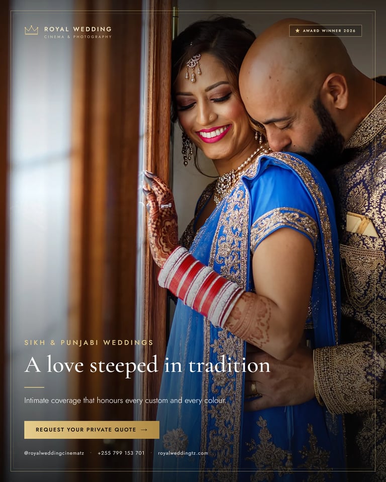 Sikh bride in blue traditional attire and groom embracing by a window, with gold embroidery details and jewelry during Mwanza wedding