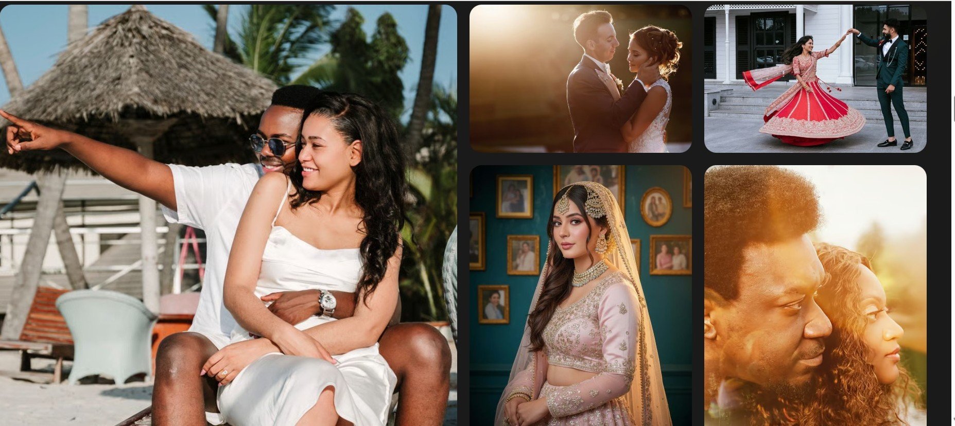 Collage of six romantic wedding and engagement photos featuring couples in various settings including beach, studio, and outdoor locations