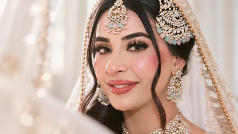 Woman wearing ornate bridal jewelry including a bindi, earrings, and pearl veil against a soft golden background