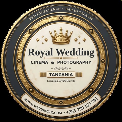 Royal Wedding Cinema & Photography logo for Tanzania-based business with gold crown and ornate circular border design