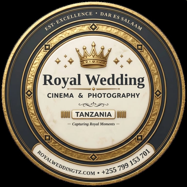 Royal Wedding Cinema & Photography logo for Tanzania-based business with gold crown and ornate circular border design
