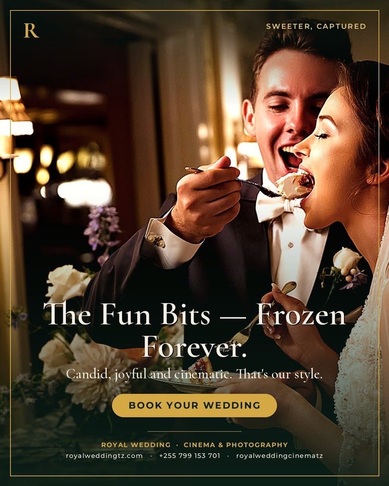 Bride and groom feeding wedding cake at SuperDome Masaki reception Royal Wedding Cinema photography Tanzania