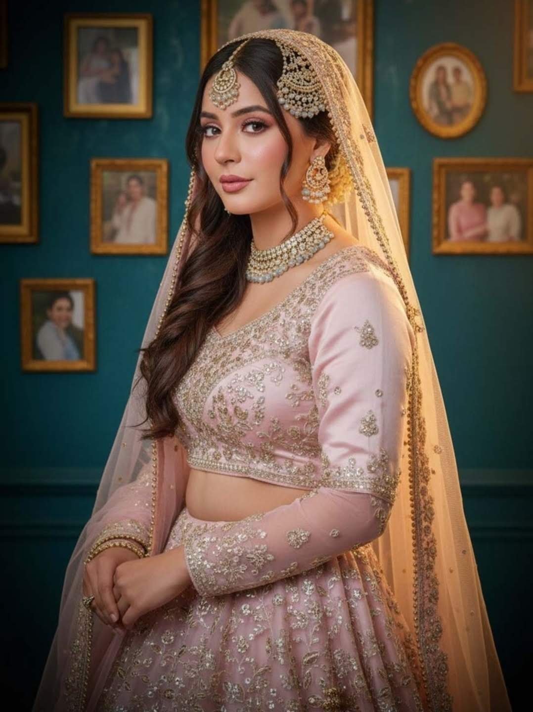 Woman in traditional South Asian bridal wear with embroidered pink lehenga, ornate veil, jewelry, posed against gallery wall background