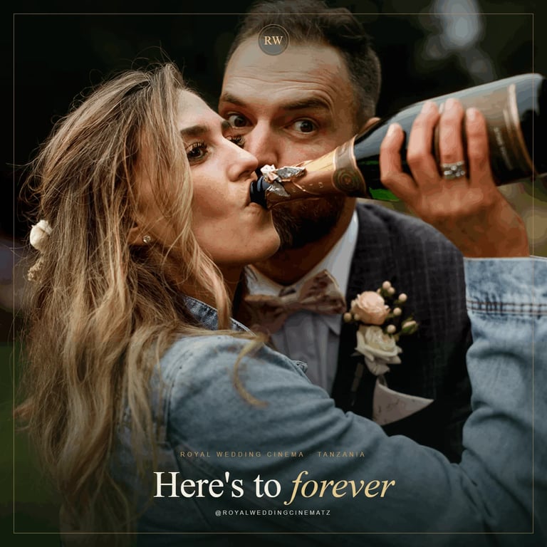 Bride and groom toasting with champagne glasses at their wedding Zanzibar luxury wedding photography and videography
