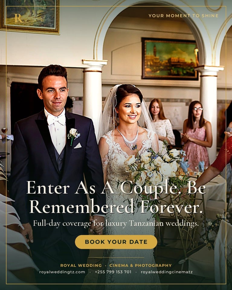 Elegant couple in formal wedding attire standing in ornate venue, advertising luxury wedding photography and videography services