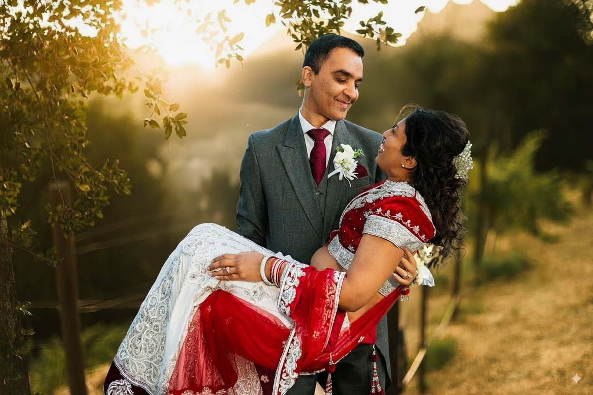 Groom in gray suit holding bride in red traditional dress during golden hour outdoor wedding portrait
