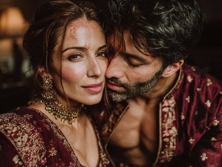 Man and woman in burgundy traditional embroidered clothing embrace intimately in warm lighting