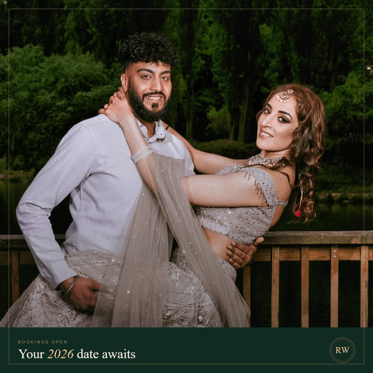 A couple in formal attire posing together outdoors by a lake at dusk Tanzania Zanzibar wedding photographer booking 2026