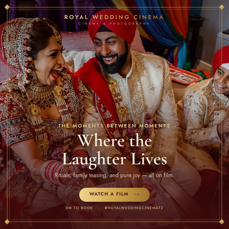 Bride and groom in traditional Indian wedding attire laughing together
