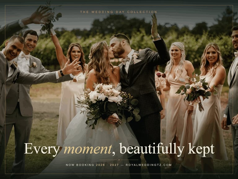 Wedding party celebrating outdoors with bride and groom in center, surrounded by bridesmaids and groomsmen in formal attire