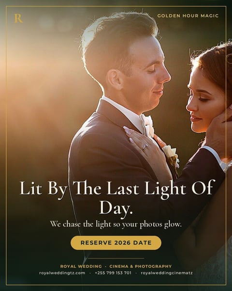 Wedding photography advertisement showing couple in golden hour light with text Lit By The Last Light Of Day and reserve 2026 date button