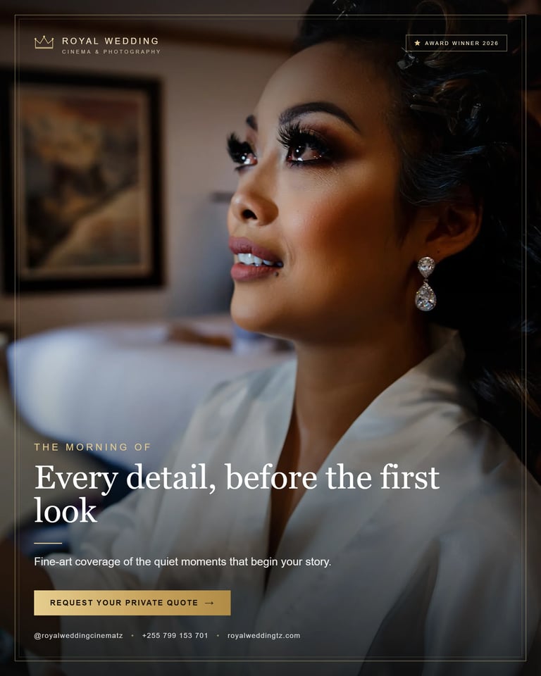 Bride in profile wearing pearl earrings and white robe, looking over shoulder with elegant makeup for Royal Wedding Cinema & Photography