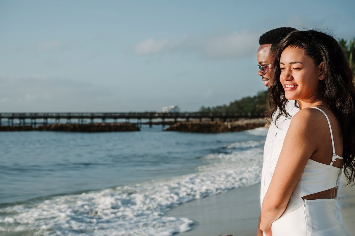 Woman in white dress smiling on beach near ocean waves with pier and coastline in background