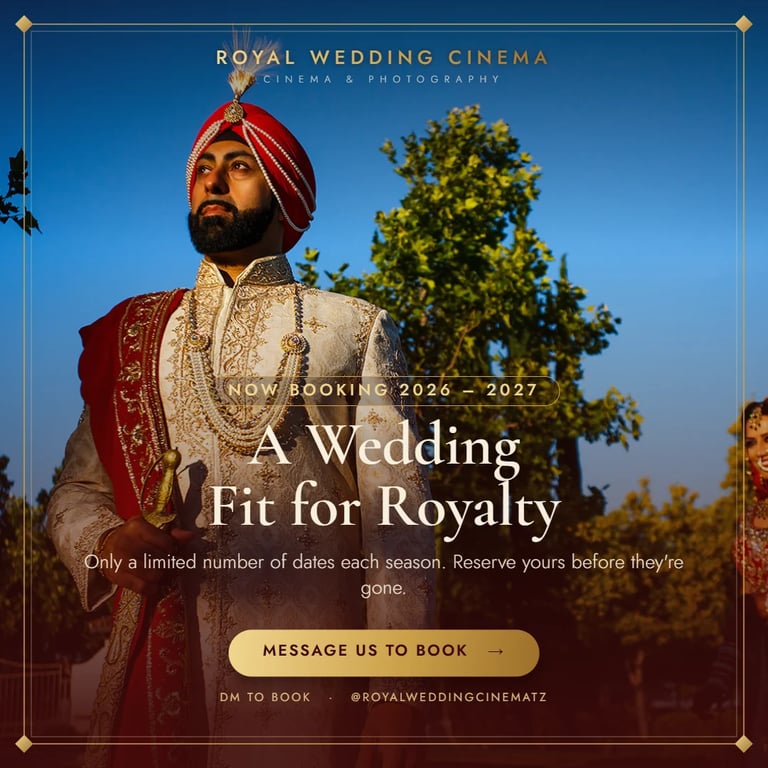 Man in red and gold traditional wedding attire with turban against blue sky