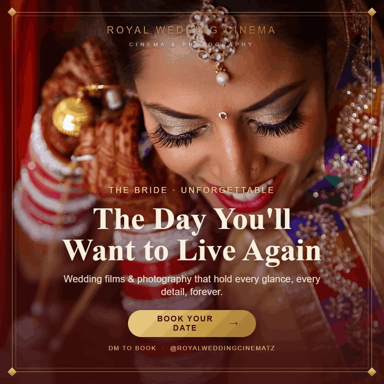 Indian bride in traditional wedding attire with jewelry and henna, looking down. Text reads The Day Youll Want to Live Again with booking information for Royal Wedding Cinema.