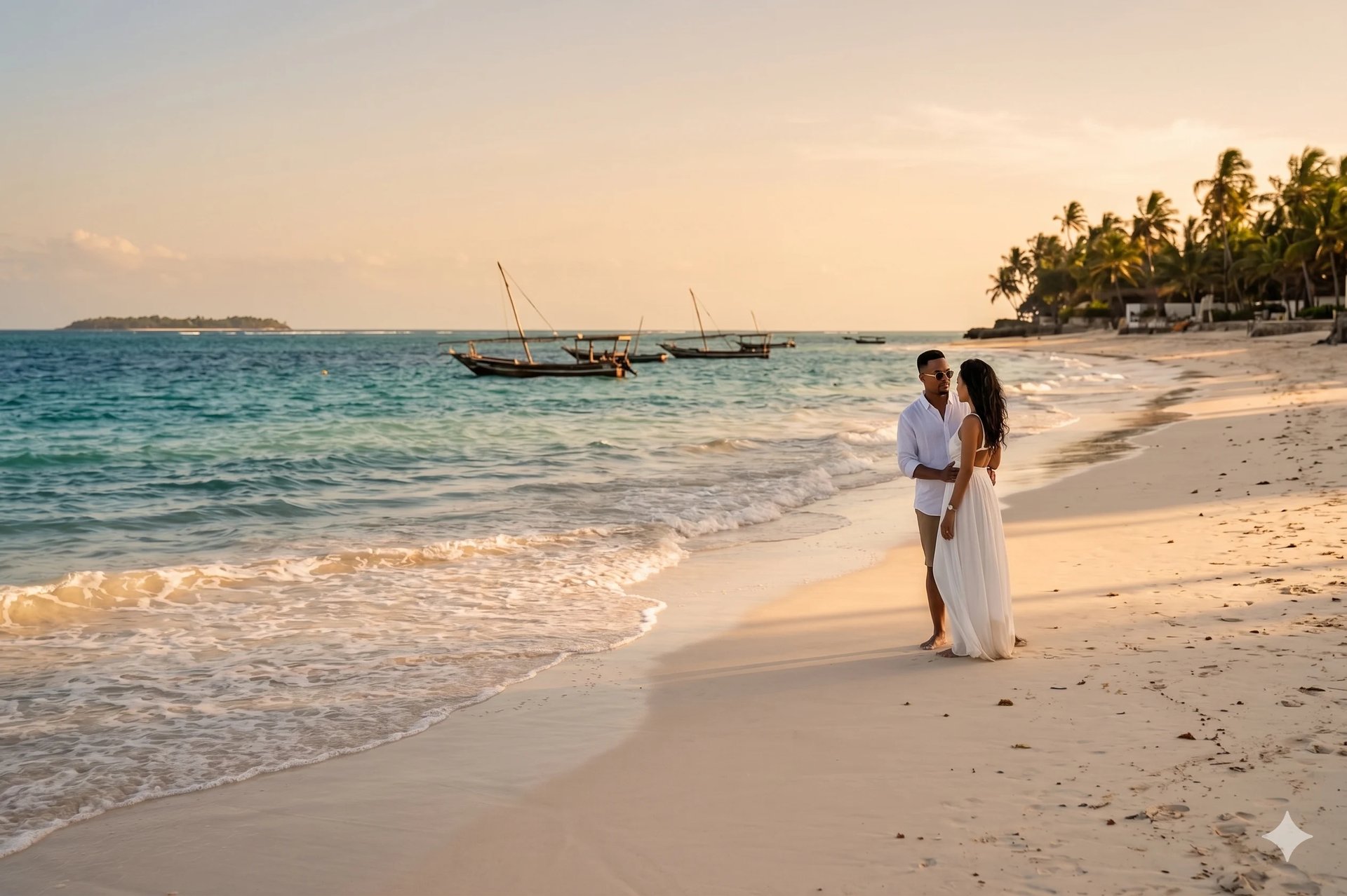 Couple in white clothing standing on tropical beach at sunset with traditional boats and palm trees in background