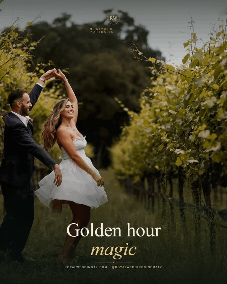 Bride and groom dancing in a vineyard during golden hour sunset light