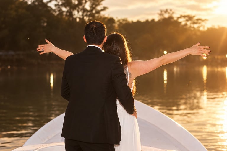 Newlyweds in a boat with arms spread wide, celebrating at sunset over a calm river