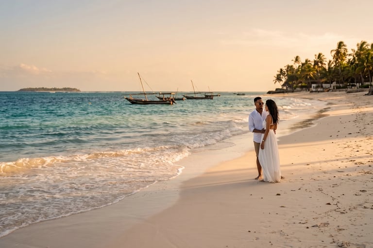 Couple standing on tropical beach at sunset with traditional boats and palm trees in background