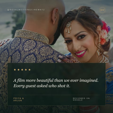 Bride and groom in traditional Indian wedding attire with testimonial review praising wedding videography quality