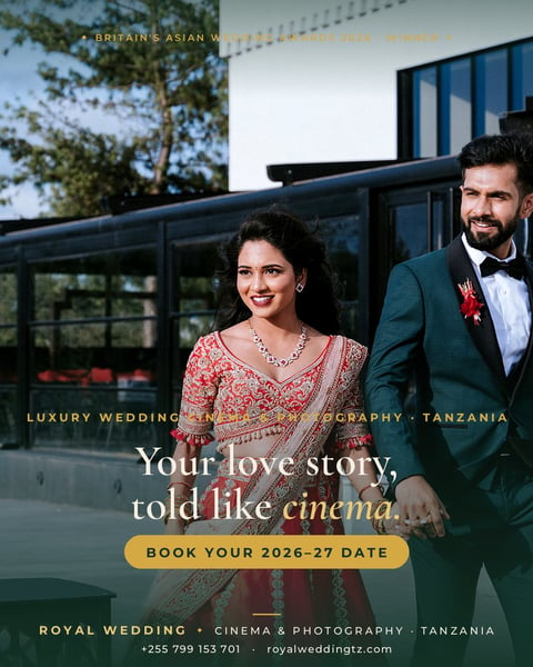 Couple in formal wedding attire posing outside modern building with text promoting luxury wedding cinema photography services in Tanzania