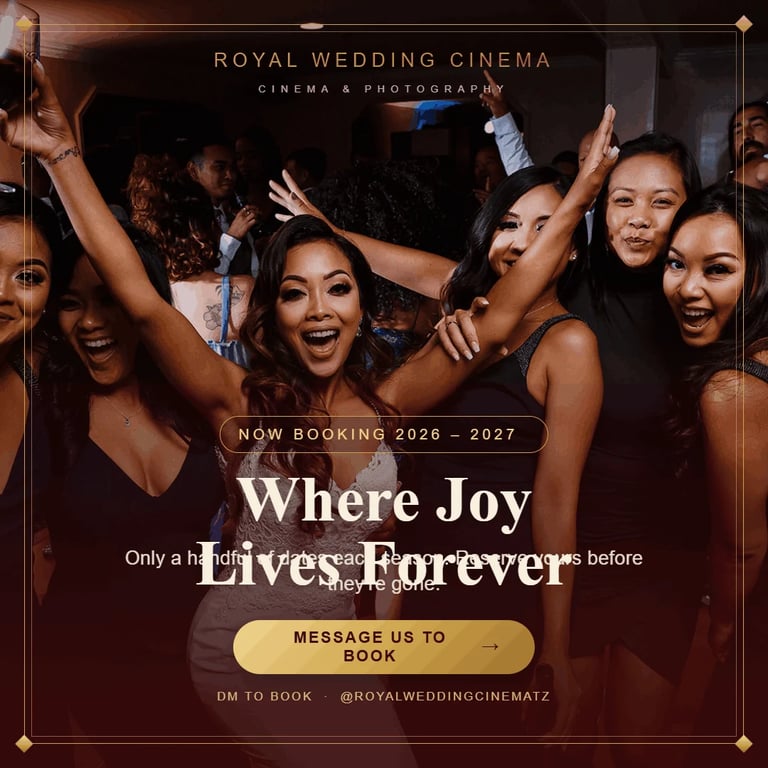 Group of joyful women celebrating with raised arms at a wedding cinema promotional image for Royal Wedding Cinema