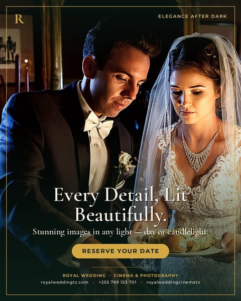 Elegant bride and groom in formal wedding attire during an intimate candlelit moment. Royal Wedding Cinema & Photography advertisement.