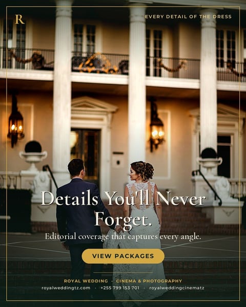 Bride and groom standing on an elegant classical mansion porch at dusk, illuminated by lanterns, advertising Royal Wedding cinema and photography services