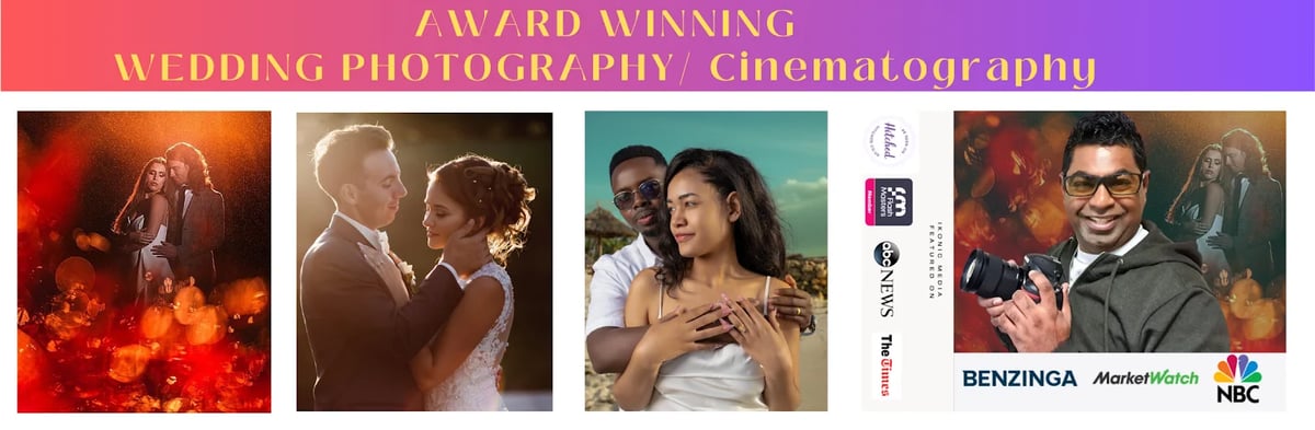 Award-winning wedding photography and cinematography portfolio showcasing five diverse couples in romantic poses and settings